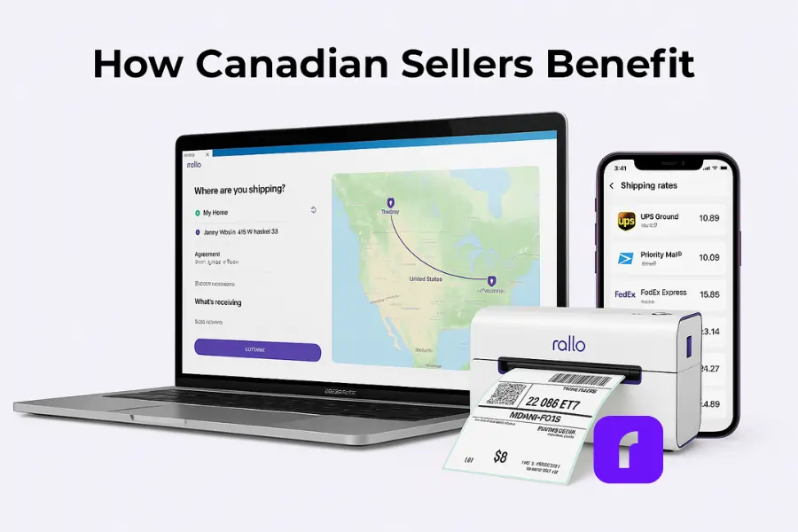Rollo Announces International Expansion into Canada 4 Rollo wireless label printer printing a shipping label alongside a laptop showing the Rollo Ship dashboard and a smartphone displaying Canadian shipping rates, with a subtle maple leaf background.