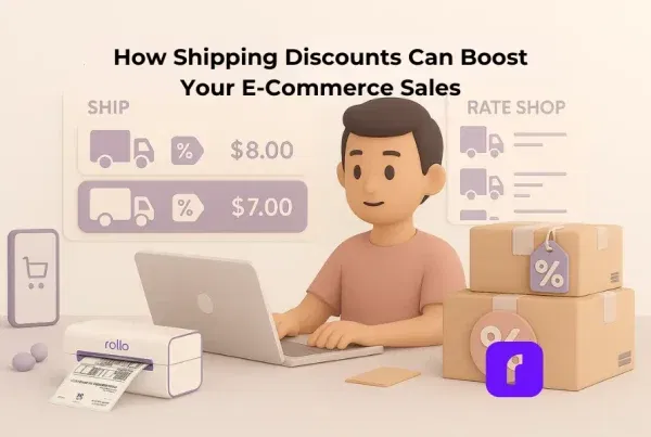 Minimalist 3D illustration of an e-commerce seller at a laptop using shipping discounts to save on costs, with floating rate panels, discount-tagged packages, and a Rollo Wireless Printer printing a label. Featured image for article: How Shipping Discounts Can Boost Your E-Commerce Sales.