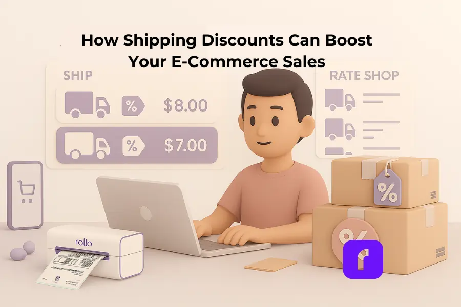 Minimalist 3D illustration of an e-commerce seller at a laptop using shipping discounts to save on costs, with floating rate panels, discount-tagged packages, and a Rollo Wireless Printer printing a label. Featured image for article: How Shipping Discounts Can Boost Your E-Commerce Sales.