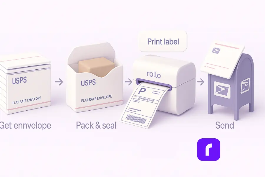 Minimalist 3D pastel illustration showing the step-by-step process of sending a USPS Flat Rate Envelope. From left to right: a stack of USPS flat rate envelopes labeled ‘Get envelope,’ an open envelope with a small box inside labeled ‘Pack & seal,’ a white Rollo Wireless Printer printing a 4×6 shipping label labeled ‘Print label,’ and a USPS blue mailbox receiving the envelope labeled ‘Send.’ Soft lavender, blush pink, and white color palette with rounded, clean shapes and subtle arrows connecting each stage.