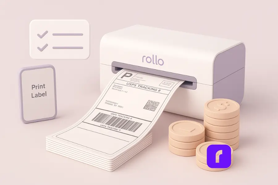 3D minimalist illustration of a Rollo Wireless Thermal Printer producing 4×6 USPS shipping labels that stack into coin and dollar symbols, symbolizing savings from thermal printing with no ink or toner costs.