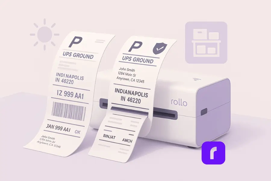 Minimalist 3D illustration of a Rollo Wireless Printer producing two side-by-side 4×6 shipping labels, one slightly faded under a sun icon representing direct thermal durability, and the other crisp beneath a shield icon symbolizing thermal transfer longevity, with pastel tones and a floating warehouse storage panel.