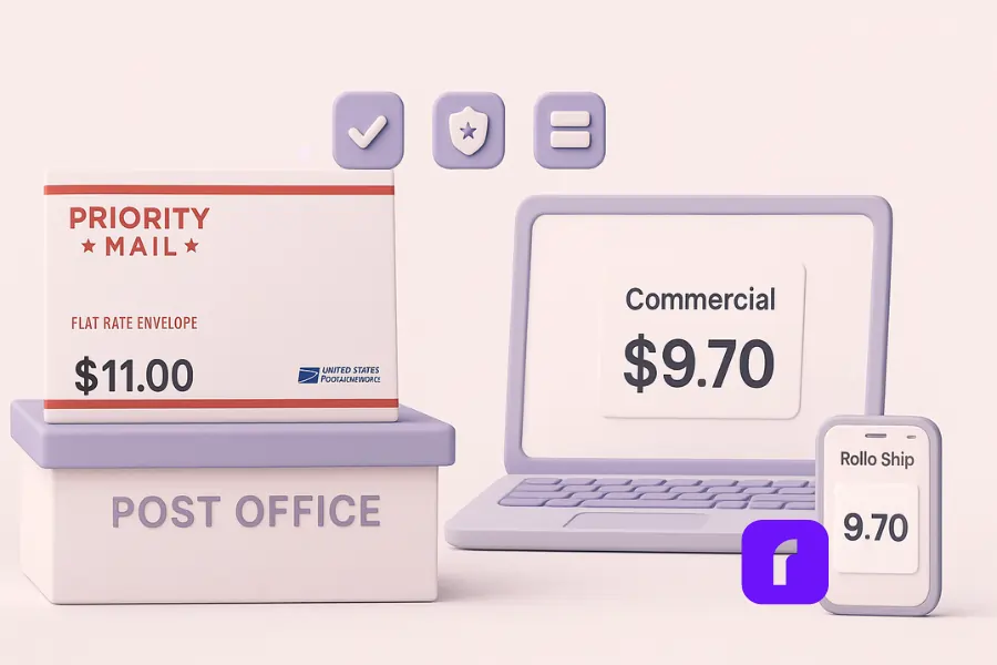 Minimalist 3D illustration comparing USPS retail vs. commercial flat rate envelope pricing. On the left, a Post Office counter shows a Priority Mail Flat Rate Envelope priced at $11.00 retail. On the right, a laptop and smartphone display Rollo Ship with a $9.70 commercial rate. Floating icons above represent tracking, insurance, and Saturday delivery. The pastel-toned design emphasizes savings and benefits of commercial pricing.