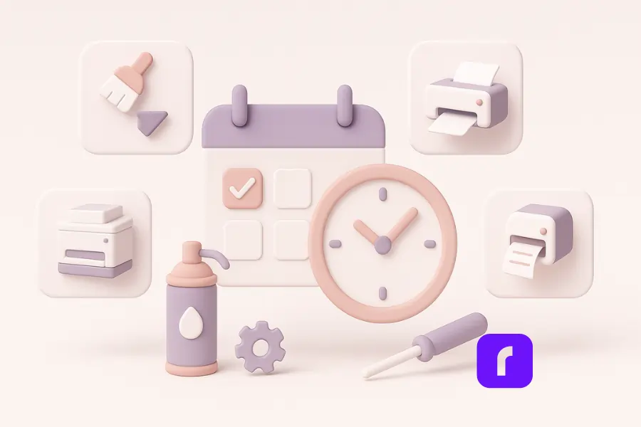 Minimalist 3D illustration of printer maintenance intervals, featuring a central pastel calendar and clock surrounded by four floating printer icons: an office printer with a dust brush (monthly care), an inkjet printer with a droplet (weekly prints), a laser printer with a gear/fuser (quarterly upkeep), and a thermal label printer with a label roll (occasional quick wipes). Rendered in soft pastel tones with smooth, rounded shapes and clean shadows.