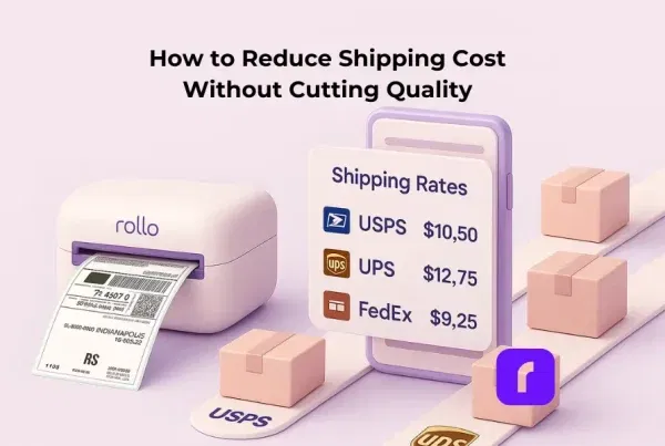 Minimalist 3D illustration of a Rollo Wireless Printer printing a shipping label beside a smartphone showing USPS, UPS, and FedEx shipping rates. Packages move along parallel tracks, with empty space above reserved for custom text overlay, symbolizing how small businesses can reduce shipping costs without cutting quality.