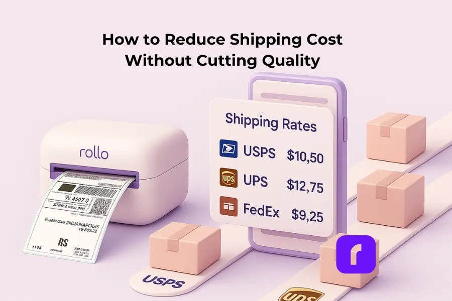 Minimalist 3D illustration of a Rollo Wireless Printer printing a shipping label beside a smartphone showing USPS, UPS, and FedEx shipping rates. Packages move along parallel tracks, with empty space above reserved for custom text overlay, symbolizing how small businesses can reduce shipping costs without cutting quality.