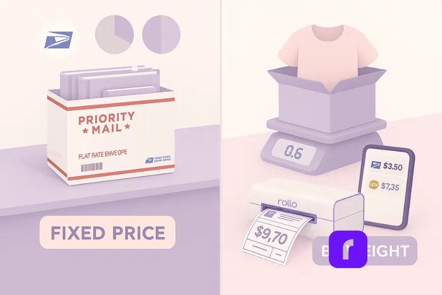 Minimalist 3D illustration comparing USPS Flat Rate vs. weight-based shipping. On the left, a USPS Priority Mail Flat Rate Envelope labeled “Fixed Price” holds heavy books. On the right, a small box with a T-shirt sits on a digital scale showing 0.6 lbs, labeled “By Weight.” A Rollo Wireless Printer prints a $9.70 label, and a phone screen displays USPS rate options. Floating icons above emphasize USPS, with a clean pastel background in whites, lavenders, and blush tones.