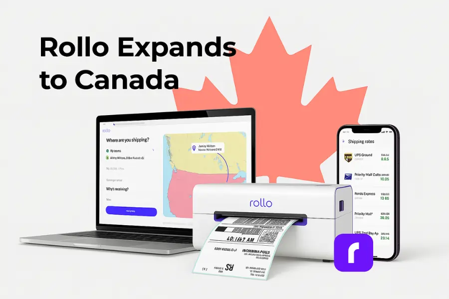 Rollo wireless printer printing a shipping label alongside a laptop showing the Rollo Ship dashboard and a smartphone displaying Canadian shipping rates, with a large red maple leaf in the background and text reading 'Rollo Expands to Canada'.