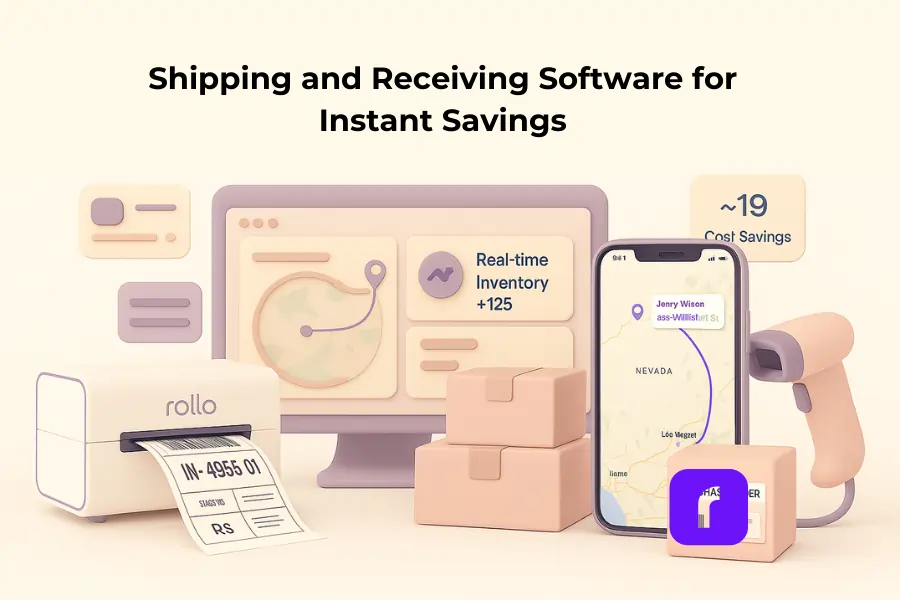 A minimalist 3D illustration in pastel colors showing Rollo shipping and receiving software. A Rollo wireless printer prints a 4×6 shipping label, while stacked packages and a barcode scanner sit nearby. A desktop dashboard displays real-time inventory and cost savings, and a smartphone screen shows a live tracking map with delivery route. The scene highlights instant savings, package tracking, and streamlined shipping management.