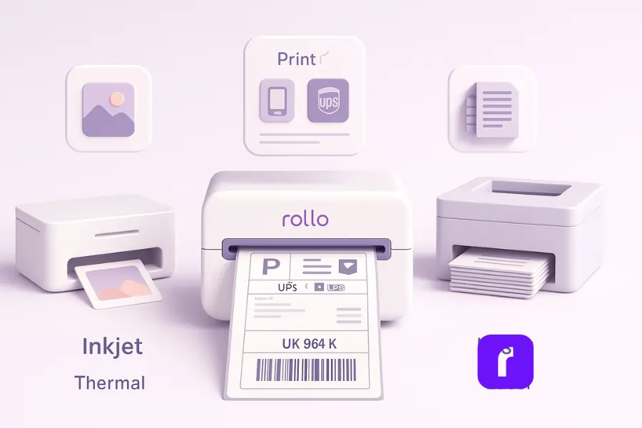 Minimalist 3D illustration comparing printer types: a Rollo Wireless Printer in the center prints a crisp 4×6 shipping label with a barcode, an inkjet printer on the left outputs a small photo tile, and a laser printer on the right produces a stack of documents. Floating icons represent use cases—barcode for thermal, photo for inkjet, and document stack for laser—set in soft pastel tones with a clean, modern design.