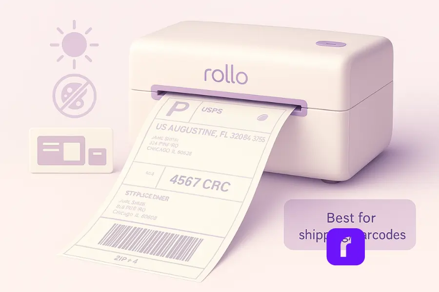 Minimalist 3D illustration of a Rollo Wireless Printer printing a single 4×6 shipping label, with the left side faded under a sun and crossed-out color palette icon to show thermal printing limits, and the right side crisp for clarity. Includes pastel tones, ribbon/media glyph, and floating tip “Best for shipping/barcodes.