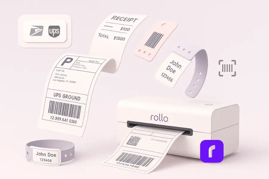 Minimalist 3D illustration of a Rollo Wireless Printer outputting a flowing arc of versatile thermal prints, including a 4×6 shipping label, barcode tag, retail receipt, and hospital wristband, with pastel tones, USPS/UPS dashboard panel, and clean geometric design.