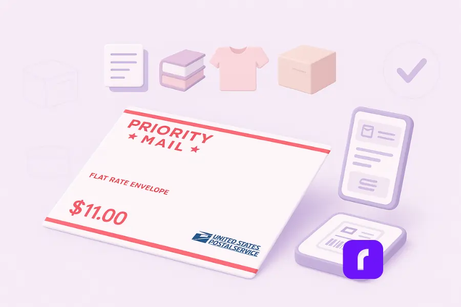 Minimalist 3D illustration of a USPS Priority Mail Flat Rate Envelope lying flat with a subtle outline to indicate the “no bulge” rule. Above the envelope float icons of acceptable items: a document stack, small book, folded T-shirt, and compact retail box, with a faint checkmark symbol confirming they fit safely. To the side, pastel icons of a smartphone and shipping label reinforce usability, all set against a soft lavender pastel background.