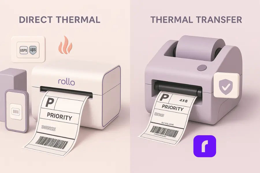 Split-screen 3D illustration comparing direct thermal printing vs thermal transfer printing. Left side shows a Rollo Wireless Direct Thermal Printer printing a 4×6 USPS/UPS shipping label with a heat icon, no ribbon. Right side shows a thermal transfer printer with a visible ribbon roll printing a label, paired with a durability shield icon.