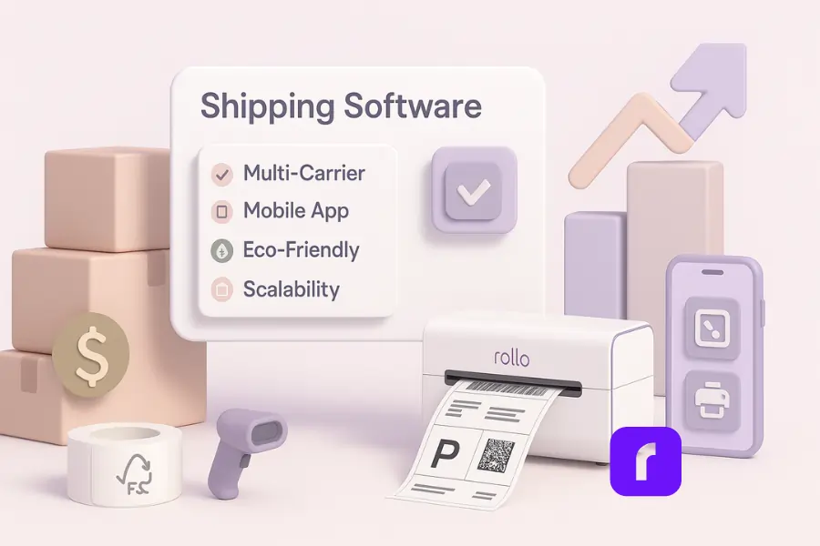Minimalist 3D illustration showing what small businesses should look for in shipping and receiving software. A central dashboard lists key features: multi-carrier support, mobile app, eco-friendly options, and scalability. Supporting visuals include UPS/USPS logos, a smartphone with scan and print icons, a roll of recyclable FSC-certified labels, stacked packages with a dollar symbol, growth bars with an upward arrow, a barcode scanner, and a Rollo Wireless Printer printing a shipping label. Pastel tones of lavender, blush, taupe, and white create a clean, modern design.