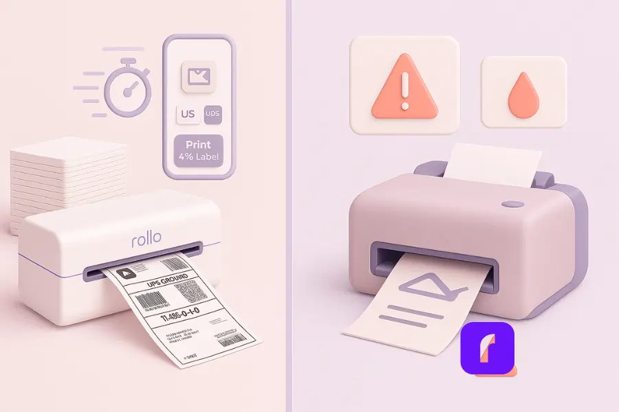 Minimalist 3D illustration comparing thermal printing vs inkjet speed for shipping labels. On the left, a Rollo Wireless Printer quickly outputs stacked 4×6 labels with a stopwatch icon, symbolizing fast thermal printing. On the right, an inkjet printer shows a misfed sheet and low-ink alert, highlighting slower performance and delays.