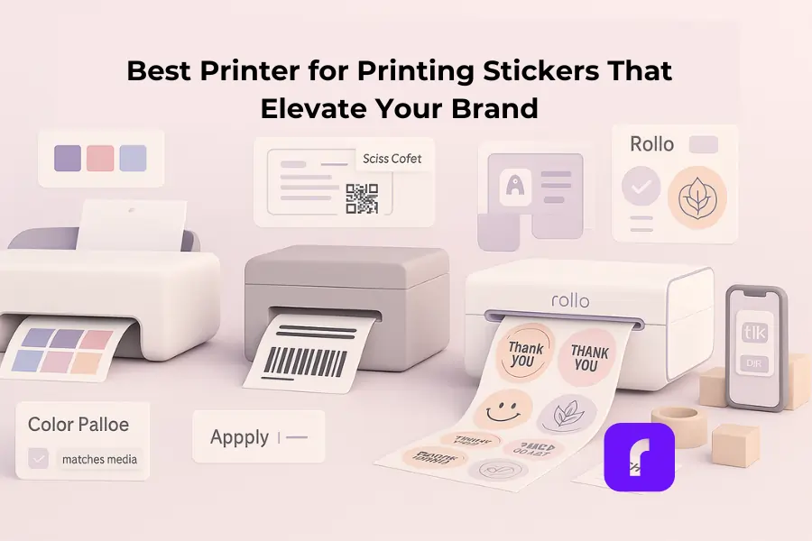 Minimalist 3D illustration comparing the best printers for sticker printing, designed in soft pastel tones of lavender, blush pink, taupe, and white. From left to right: an inkjet printer with a floating color swatch panel, a laser printer printing a barcode with a floating text/QR panel, and a Rollo Wireless Printer slightly forward, highlighted as the recommended choice, printing a continuous strip of branded stickers including “Thank You,” smiley face, and logo icons. Above, the article title “Best Printer for Printing Stickers That Elevate Your Brand” is clearly displayed. Floating UI panels from Rollo Label Designer show simple label designs, while product silhouettes of a wine bottle, tumbler, and small box hint at real-world applications. Props include a phone with the Label Designer UI, packaging tape, shipping label, and small boxes, emphasizing how printers support brand packaging.