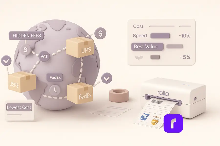 3D minimalist illustration titled “Navigating the Cheapest Way to Ship a Box Internationally.” A soft lavender globe with dotted shipping routes connects three floating boxes labeled USPS, UPS, and FedEx to symbolize global delivery networks. Along the routes, small icons represent costs, VAT, and delivery speed. A floating comparison panel on the right displays metrics like cost, speed, and best value, while a Rollo Wireless Printer at the bottom prints an international shipping label beside tape and packaging materials. Rendered in pastel tones of white, blush pink, taupe, and muted lavender to convey clarity and efficiency.