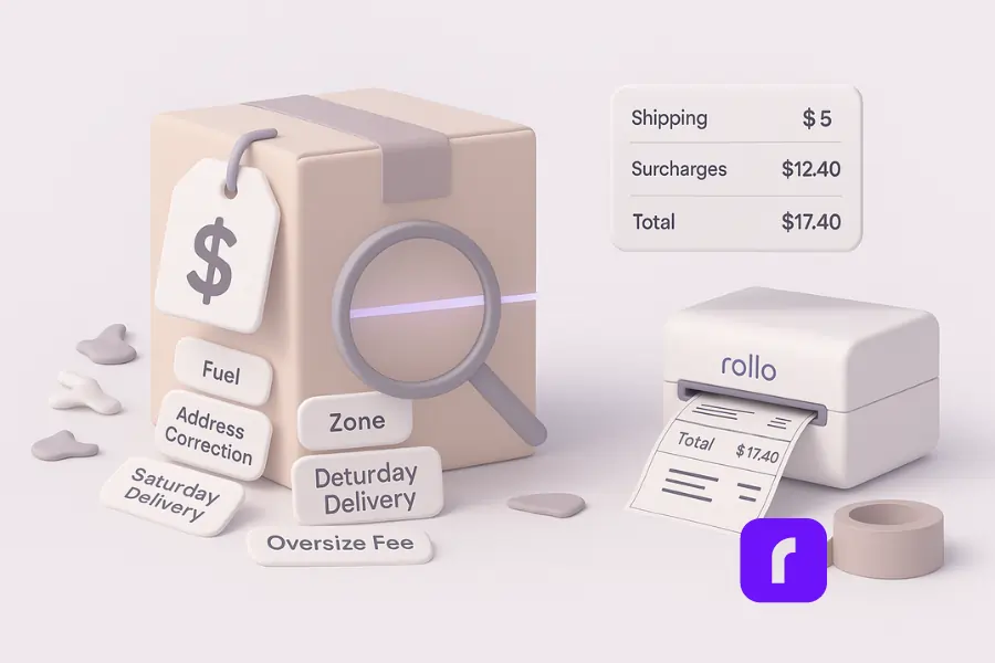 3D minimalist illustration titled “Hidden Shipping Fees: The Real Cost Behind ‘Cheap.’” The scene shows a pastel shipping box with a large visible price tag marked “$5.” Beneath it, smaller floating tags reveal hidden costs like “Fuel,” “Address Correction,” “Saturday Delivery,” “Zone,” and “Oversize Fee.” A magnifying glass with a glowing scan line highlights these hidden surcharges. To the right, a floating cost breakdown panel displays “Shipping $5,” “Surcharges $12.40,” and “Total $17.40.” A Rollo Wireless Printer prints a label beside packing tape, symbolizing transparent, smarter shipping. Rendered in soft pastel tones of lavender, blush, and white.