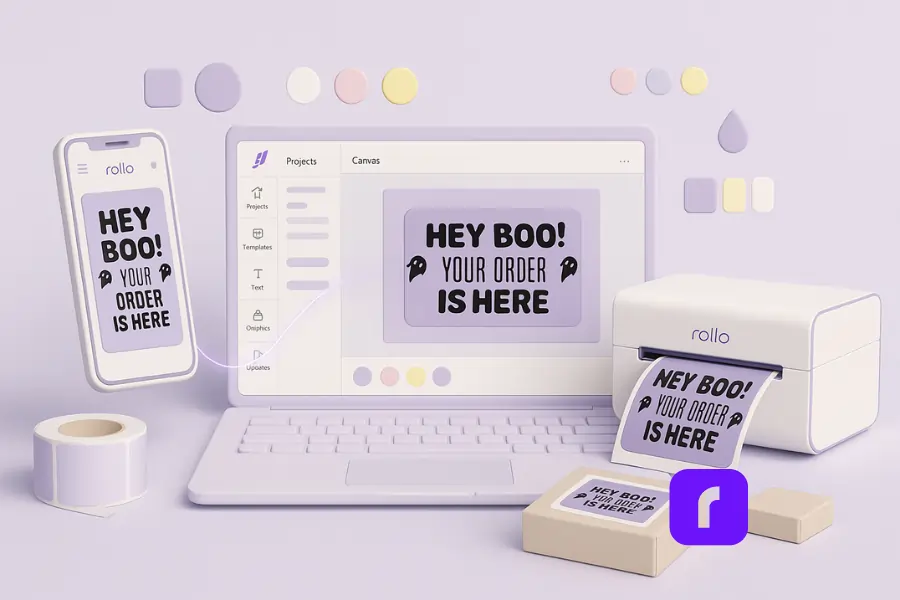 How to Make Custom Sticker Labels Like a Pro 4 A minimalist 3D illustration featuring a pastel workspace where a laptop and smartphone display the Rollo Label Design App with a lavender label reading “HEY BOO! YOUR ORDER IS HERE.” The Rollo Wireless Printer prints the same label in real time, connected by glowing lines symbolizing seamless syncing. Soft pastel props—label rolls, boxes, and color swatches—surround the scene, highlighting creativity, customization, and instant printing of custom sticker labels.