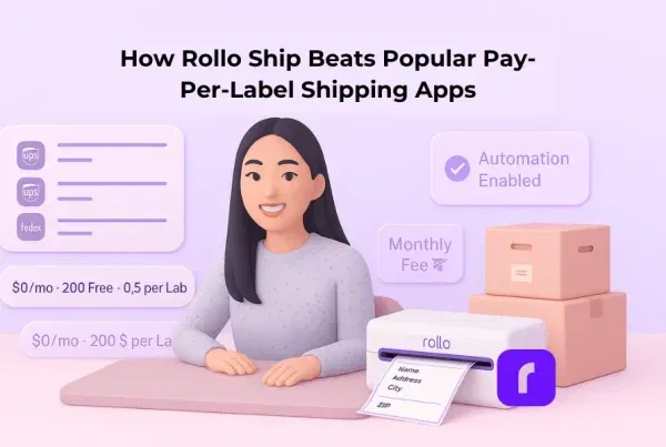 A 16:9 minimalist 3D illustration depicts a woman with long black hair and a gray sweater seated at a clean pastel workspace. She smiles beside a Rollo Wireless Printer printing a shipping label, surrounded by soft lavender UI panels showing rate comparisons for USPS, UPS, and FedEx, plus a glowing “Automation Enabled” badge. Two boxes sit nearby, and the scene uses soft pastel tones of lavender, blush pink, and taupe to convey efficiency and ease.