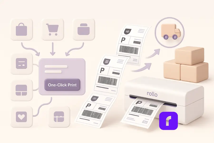 Minimalist 3D illustration showing multiple online sales channels feeding into a Rollo Ship dashboard that batch prints UPS labels from a Rollo Wireless Printer, with boxes ready for shipment.