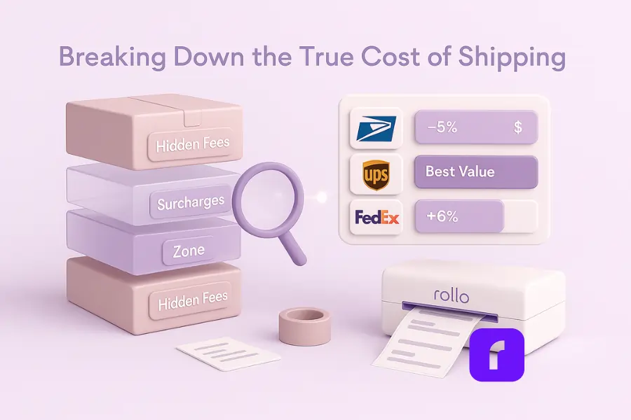 3D minimalist illustration titled “Breaking Down the True Cost of Shipping.” The scene shows a semi-transparent shipping box divided into floating layers labeled “Hidden Fees,” “Surcharges,” and “Zone,” with a magnifying glass hovering over one section to reveal details. To the right, a floating rate comparison panel displays accurate USPS, UPS, and FedEx logos with corresponding cost indicators like “–5%,” “Best Value,” and “+6%.” A Rollo Wireless Printer prints a label below, symbolizing visibility and control over shipping expenses. Rendered in soft pastel tones of lavender, blush pink, and white.