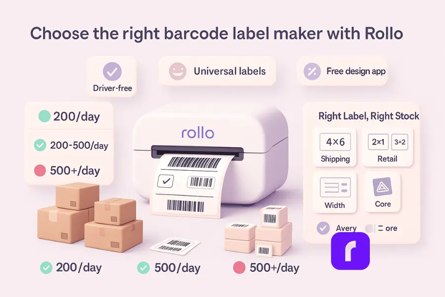 3D pastel infographic titled ‘Choose the right barcode label maker with Rollo.’ A Rollo Wireless Printer is centered, printing a label. To the left, three order-volume tiers are shown: 🟢 200/day, 🟡 200–500/day, 🔴 500+/day, each with stacks of boxes and checkmarks highlighting Rollo at every stage. To the right, a panel ‘Right Label, Right Stock’ displays 4×6 shipping labels, 2×1 and 3×2 retail labels, and an Avery sheet icon with width and core tags. Floating badges above Rollo emphasize advantages: driver-free, universal labels, free design app. Clean, minimalist pastel colors in lavender, blush, and white.