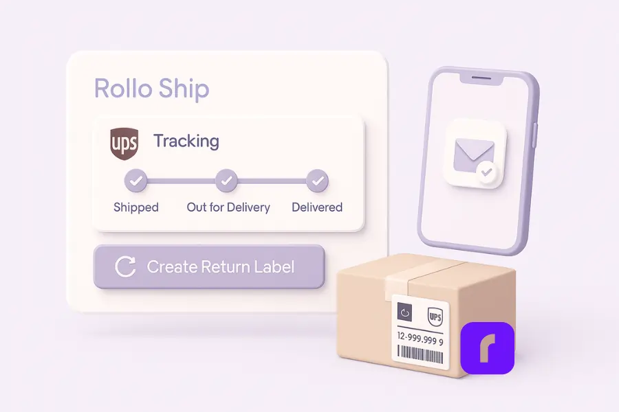 Minimalist 3D illustration showing a Rollo Ship dashboard that tracks shipment progress and allows customers to create return labels, with a package and phone notification icons reinforcing unified shipping and returns management.