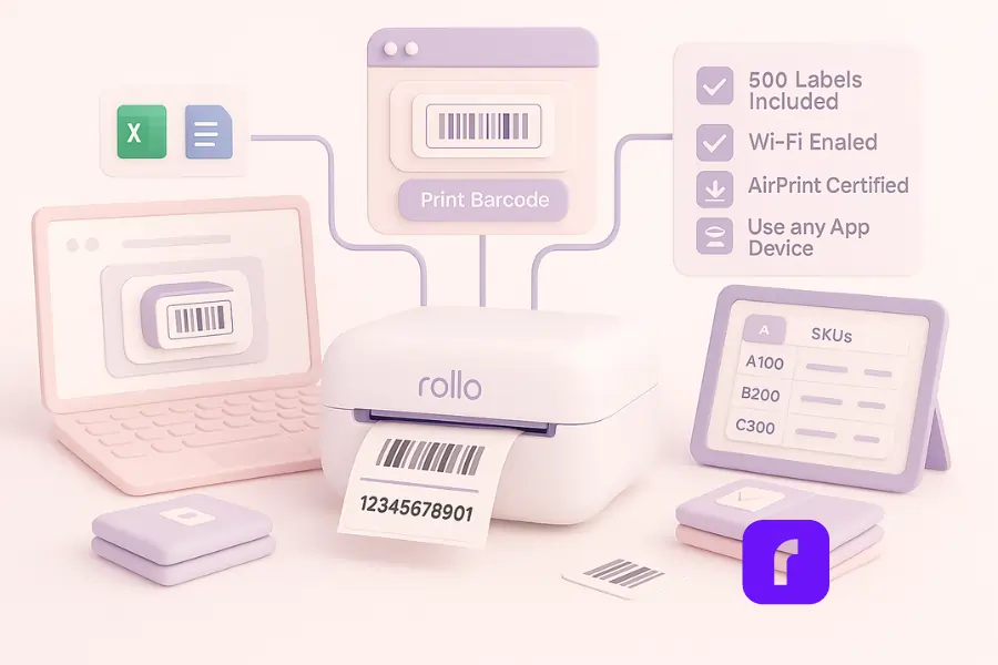 Minimalist 3D illustration of a Rollo Wireless Printer printing a barcode label, connected to a laptop, tablet, and browser panel to show integration. Floating checklist highlights six key features: 500 Labels Included, Wi-Fi Enabled, AirPrint Certified, Labels with No Limits, Use Any App or Device, and No Driver Needed. Soft pastel colors in lavender, blush pink, and white create a modern, clean aesthetic.