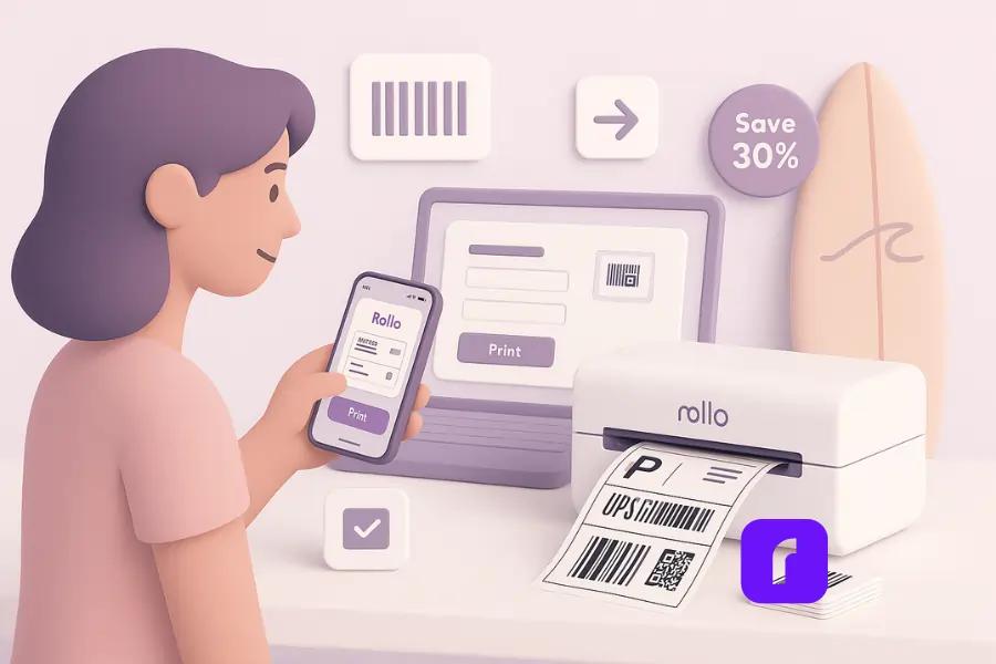 Minimalist 3D illustration of a small business owner using the Rollo Ship app on her smartphone to print a barcode label with a Rollo Wireless Printer. A surfboard leans in the background, symbolizing handcrafted products. Floating UI icons show a barcode, print arrow, and “Save 30%” badge, emphasizing ease and cost savings.