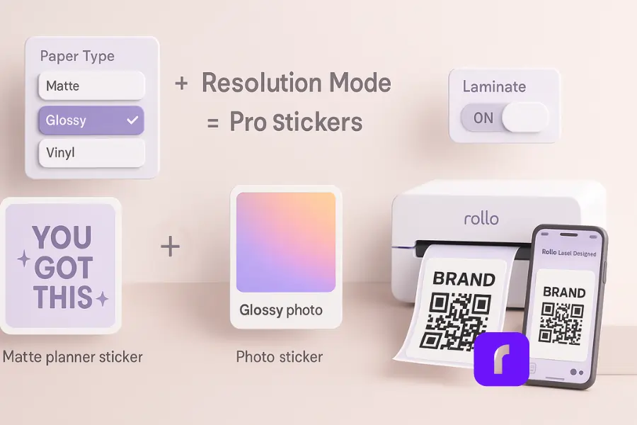Minimalist 3D illustration showing how to print high-quality stickers at home using paper type, print settings, and finishing steps. Three sticker samples are displayed: a matte planner sticker, a glossy photo sticker, and a branded QR code label printed on a Rollo wireless printer. Floating UI panels highlight paper type options (matte, glossy, vinyl), resolution mode, and a laminate toggle. A phone screen preview shows the Rollo Label Designer app. Soft pastel palette with clean geometric shapes and smooth rounded edges.