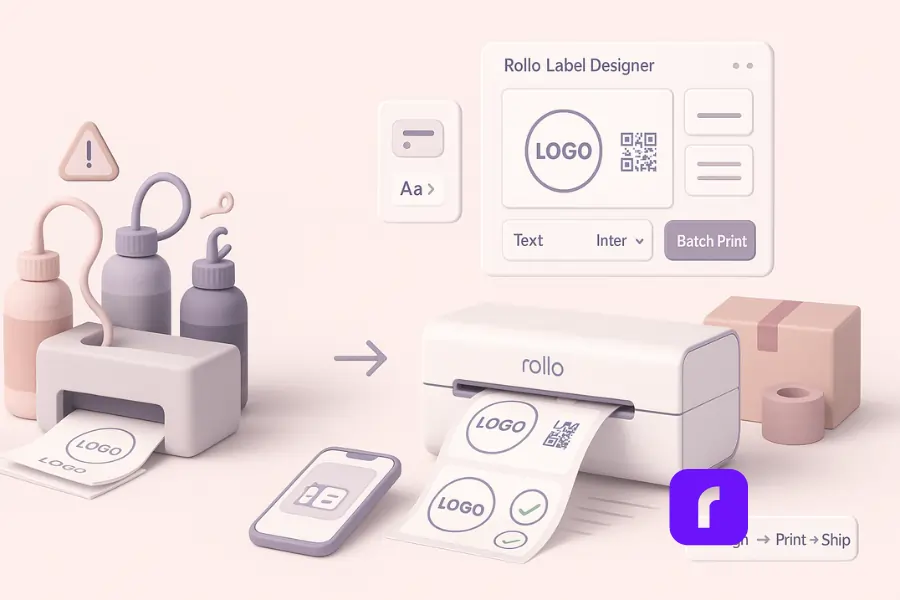 Minimalist 3D illustration comparing traditional ink-based sticker printing with Rollo’s streamlined workflow. On the left, a cluttered inkjet setup with pastel ink bottles, a nozzle clog warning icon, and a messy stack of reprints symbolizes maintenance headaches. On the right, a Rollo Wireless Printer smoothly outputs a neat roll of peel-ready brand stickers featuring logos and QR codes, with subtle speed lines and green checkmarks. Above Rollo, floating UI panels show the Rollo Label Designer interface with a sticker template, font selector, and a prominent “Batch Print” button. Additional elements include a phone screen previewing the design and packing props like a shipping box and tape, plus a small workflow arrow labeled “Design → Print → Ship.” Rendered in soft pastel lavender, blush pink, taupe, and white with smooth geometric shapes.