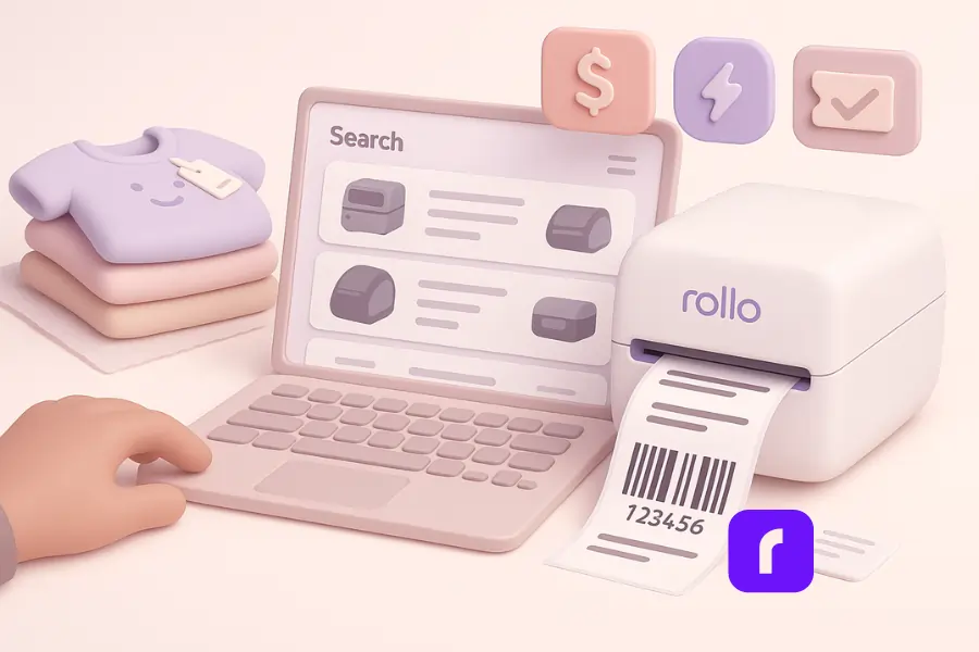Minimalist 3D illustration of an online seller browsing a laptop for barcode label makers, with Rollo Wireless Printer highlighted as the best choice. The laptop screen shows search results with other printers like Zebra and DYMO, while folded custom baby clothes with tags sit beside it. The Rollo printer is actively printing a crisp barcode label, with floating icons above it representing cost savings, speed, and universal labels. Soft pastel colors in lavender, blush pink, and taupe create a clean, modern aesthetic.
