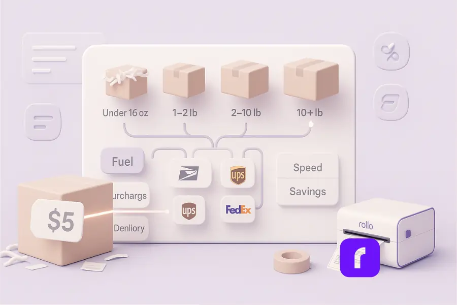 3D minimalist illustration titled “Rule-Based Shipping Strategy: Choosing the Cheapest Way Without Sacrificing Speed.” The scene shows a floating smart dashboard displaying four parcel boxes labeled “Under 16 oz,” “1–2 lb,” “2–10 lb,” and “10+ lb,” each connected by glowing lines to carrier icons for USPS, UPS, and FedEx, symbolizing automated rule-based assignments. A dual toggle labeled “Speed” and “Savings” highlights balance between cost and delivery time. A Rollo Wireless Printer and packing tape appear below, anchoring the design in e-commerce context. Rendered in soft pastel tones of lavender, blush pink, taupe, and white.