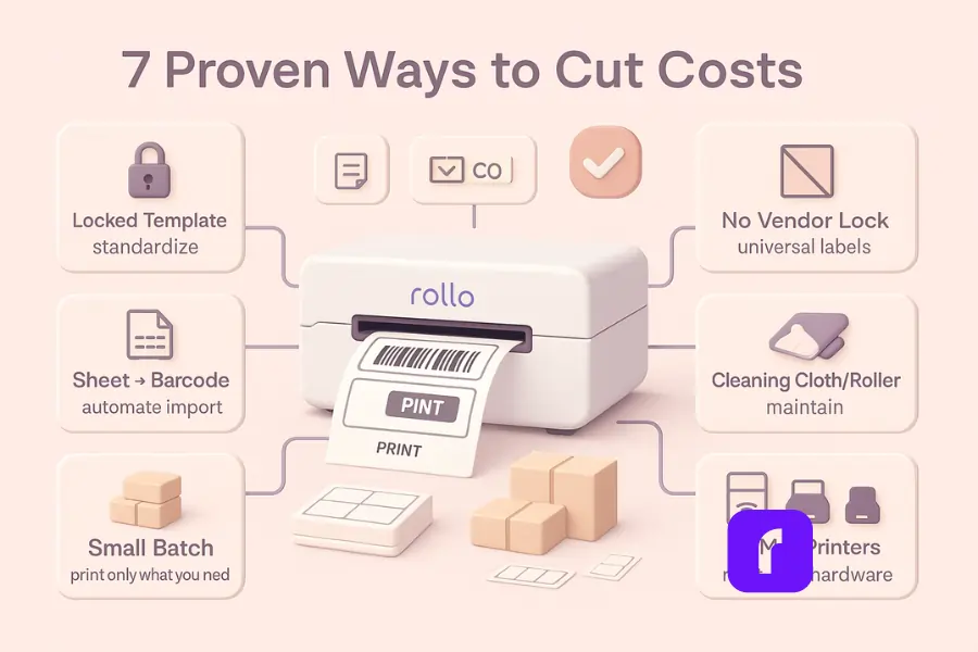 3D pastel infographic titled ‘7 Proven Ways to Cut Costs’ featuring a Rollo Wireless Printer printing a 4×6 barcode label. Seven floating panels surround the printer with icons and short tactics: Locked Template (standardize), Sheet → Barcode (automate import), No Vendor Lock (universal labels), Small Batch (print only what you need), Cleaning Cloth/Roller (maintain), S/M/L Printers (right-size hardware), and Wi-Fi + USB (driver-free + fallback). Additional icons include shipping boxes, barcode labels, and maintenance tools, reinforcing cost-cutting strategies. Minimalist, soft pastel design with lavender, blush, and white tones.