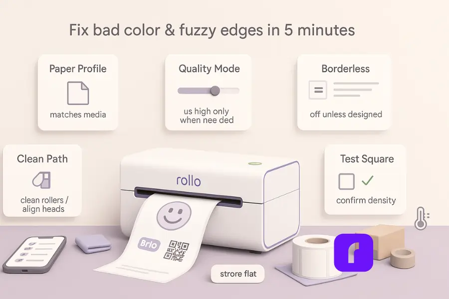 Minimalist 3D illustration of a 5-minute printer troubleshooting checklist for sharper sticker prints. At the center, a Rollo Wireless Printer prints a smiley-face sticker with a QR code. Surrounding it are five floating checklist cards: “Paper Profile” with a sheet icon and label “matches media,” “Quality Mode” with a slider labeled “use high only when needed,” “Borderless” with a frame outline labeled “off unless designed,” “Clean Path” with a roller icon labeled “clean rollers / align heads,” and “Test Square” with a tiny square icon labeled “confirm density.” A header reads “Fix bad color & fuzzy edges in 5 minutes.” Supporting props include a phone screen with a checklist UI, a microfiber cloth, sticker label roll, stacked sheets, a box, and tape, all rendered in soft pastel tones of lavender, blush pink, taupe, and white with smooth rounded shapes and soft shadows.