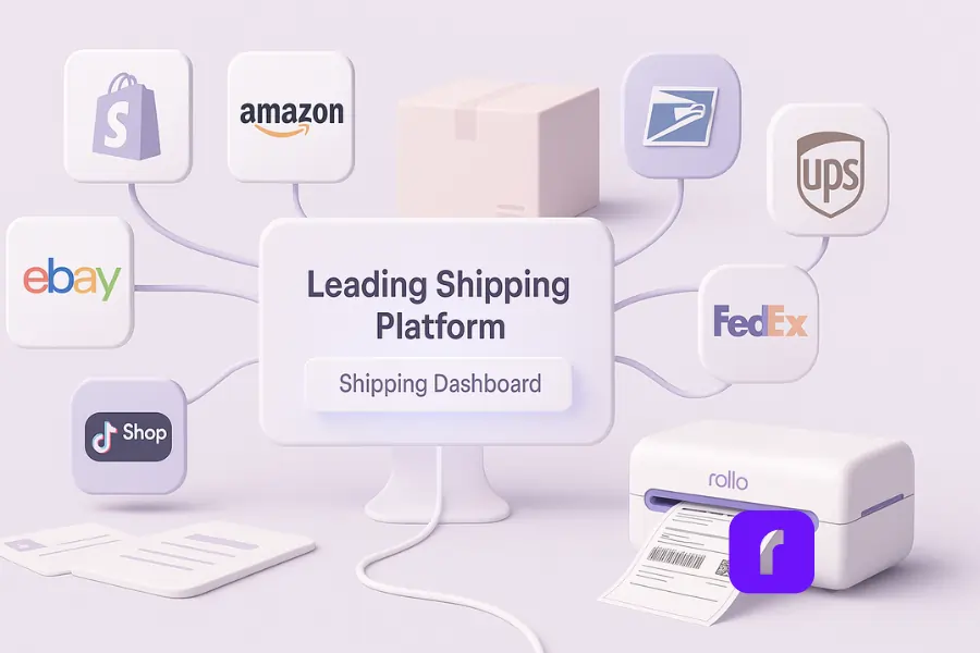 3D illustration showing integrations from Shopify, Amazon, eBay, TikTok Shop, USPS, UPS, and FedEx connecting to a central shipping dashboard labeled “Leading Shipping Platform,” with a Rollo printer producing a label — representing how leading shipping platforms connect stores and carriers seamlessly.