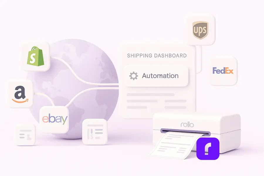 3D illustration of a globe with leading shipping platforms integrations of Shopify, Amazon, and eBay.
