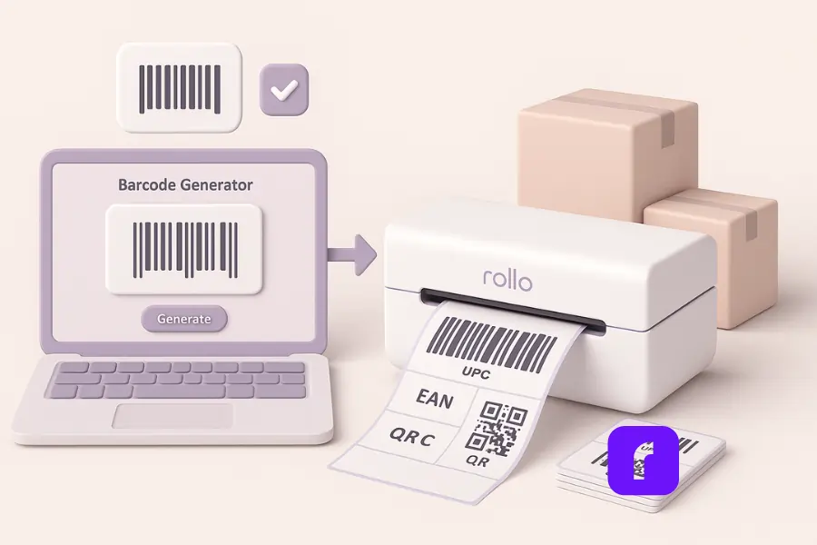 Minimalist 3D illustration of a barcode label maker workflow showing a laptop with a barcode generator app connected to a Rollo Wireless Printer printing crisp 4×6 labels. Printed labels feature UPC, EAN, and QR codes stacked beside small shipping boxes, symbolizing retail and e-commerce use.