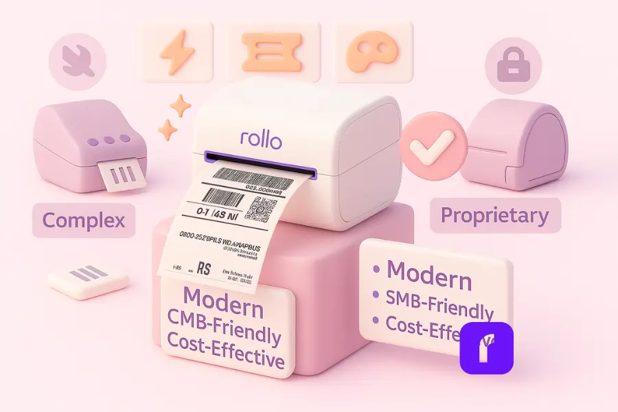 3D comparison illustration of barcode label makers showing Rollo Wireless Printer in the center printing a shipping label, highlighted as modern, SMB-friendly, and cost-effective with glowing icons for speed, universal labels, design app, and e-commerce integration. On the left, a faded Zebra printer labeled ‘Complex,’ and on the right, a faded DYMO printer labeled ‘Proprietary.’ Pastel minimalist design in white, lavender, blush pink, and taupe.