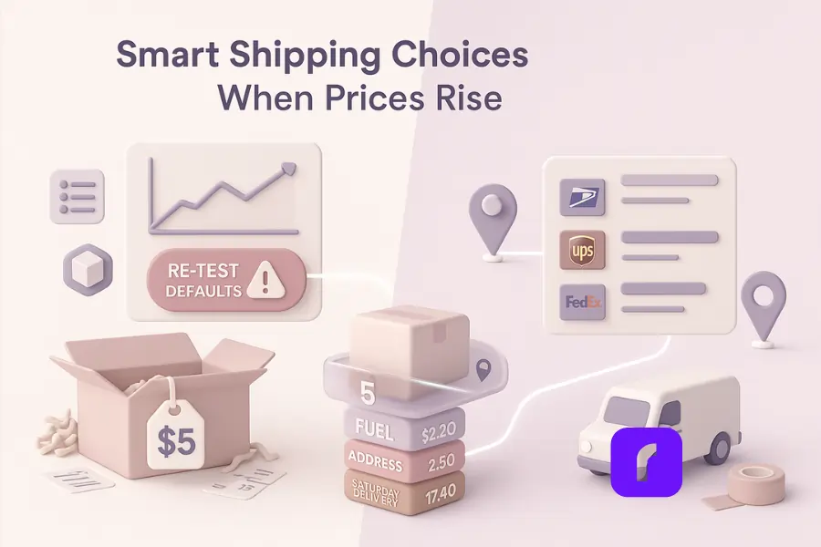 3D minimalist illustration titled “Smart Shipping Choices When Prices Rise.” The scene is split into two halves: on the left, a floating dashboard displays a rising line graph with a red “Re-test Defaults” alert icon, representing cost monitoring. On the right, a small white delivery van follows a short glowing route between two location pins, symbolizing local delivery optimization. Surrounding icons represent SKUs, zones, and service tiers, while a Rollo Wireless Printer and packaging tape appear below for brand context. Rendered in soft pastel tones of lavender, blush pink, and taupe to convey adaptability and strategic decision-making.