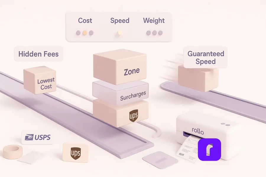 3D minimalist illustration titled “Choosing the Best Shipping Carrier for Every Box.” Three pastel delivery lanes represent USPS, UPS, and FedEx. A small box labeled “Lowest Cost” sits on the USPS lane, a medium box labeled “Best for Ground” is on the UPS lane, and a fast-moving box labeled “Guaranteed Speed” glides along the FedEx lane. Above the lanes, a floating data panel compares “Cost,” “Speed,” and “Weight” with glowing indicators. A Rollo Wireless Printer, shipping labels, and tape complete the scene, symbolizing smart carrier selection for efficient, cost-effective shipping.