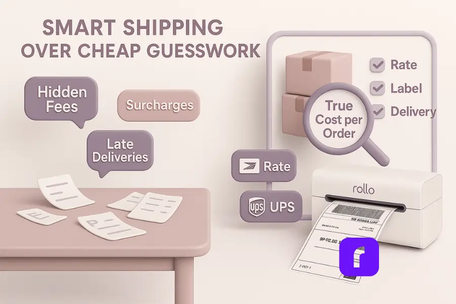 3D minimalist illustration showing the contrast between disorganized and smart shipping workflows — a visual metaphor for finding the cheapest way to ship a box without sacrificing quality. The left side depicts a messy desk with floating icons labeled “Hidden Fees,” “Surcharges,” and “Late Deliveries,” while the right side features a clean digital dashboard with boxes, a magnifying glass reading “True Cost per Order,” checkmarks for “Rate,” “Label,” and “Delivery,” and a Rollo Wireless Printer producing a label. Rendered in soft pastel tones of lavender, blush pink, and white.