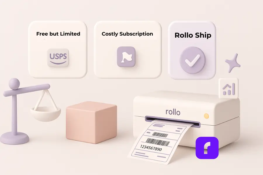 A minimalist 3D pastel illustration comparing shipping software options for 2026. Three floating panels labeled “Free but Limited,” “Costly Subscription,” and “Rollo Ship” appear above a balance scale and a Rollo Wireless Printer printing a 4×6 shipping label. The Rollo Ship panel is highlighted with a checkmark, symbolizing automation, affordability, and smart fulfillment for small online sellers.