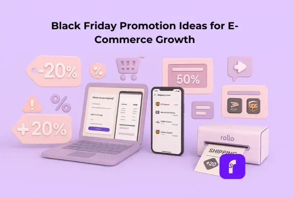 Black Friday Promotion Ideas for E-Commerce Growth 2 A minimalist 3D illustration in soft pastel purples and blush tones featuring a laptop and smartphone displaying Rollo Ship’s shipping dashboard and carrier rate comparisons. Surrounding icons include discount tags, percentage symbols, and delivery logos for USPS and UPS, symbolizing smart automation and efficient Black Friday e-commerce fulfillment.