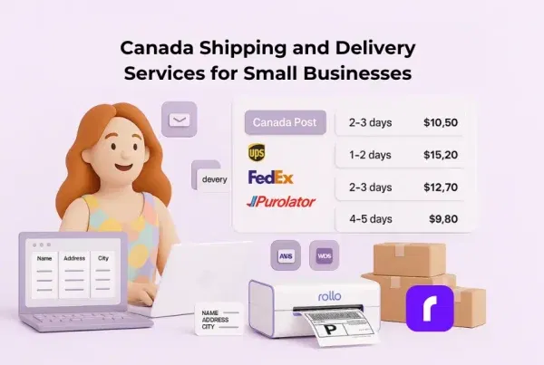 Canada Shipping and Delivery Services for Small Businesses 1 A minimalist 3D illustration of a small-business owner using a laptop to prepare shipments, with a Rollo Wireless Printer printing a 4×6 shipping label beside stacked boxes. Soft pastel UI panels show Canadian courier options such as Canada Post, UPS, FedEx, and Purolator, representing rate comparison and delivery-time planning for small businesses.