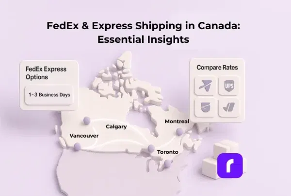 A minimalist 3D illustration of a pastel-colored Canada map with raised provinces, city markers, and soft route lines showing express delivery movement. Floating panels display simplified FedEx Express options and a generic multi-carrier rate comparison dashboard. Small parcels sit at the bottom, all styled in soft whites and lavender tones under the centered title “FedEx & Express Shipping in Canada: Essential Insights.”