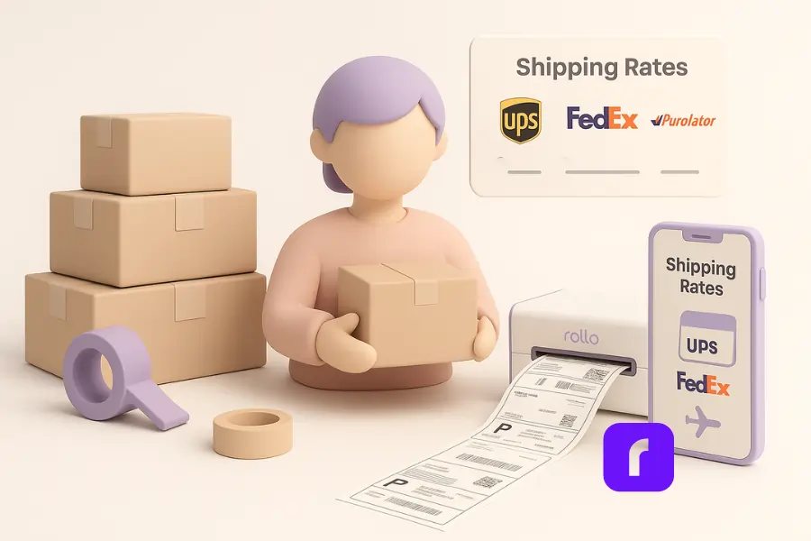 Canada Shipping and Delivery Services for Small Businesses 4 Minimalist pastel 3D illustration of a home-based online seller preparing multiple shipments, surrounded by neatly stacked boxes, a strip of printed labels, and a Rollo Wireless Printer. Floating shipping rate panels and a phone screen showing courier options highlight how smart tools help save money and keep the at-home shipping station organized.