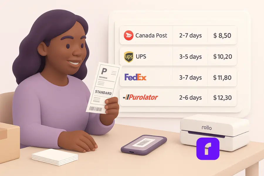 Canada Shipping and Delivery Services for Small Businesses 7 3D illustration of a woman online seller comparing shipping rates on a floating dashboard while holding a printed label at her workspace. The scene includes Canada Post, UPS, FedEx, and Purolator options, with a Rollo Wireless Printer and packing materials on the desk.